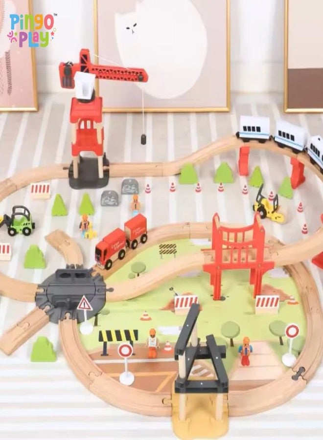 Pingo Play Wooden Railway Train Track Set with Bullet Train, Cargo Trucks, Crane, Bridge & Workers | Large Pretend Play Railway Toy for Kids 3+ | Montessori Wooden City & Train Set (104 Pcs) - Image 5